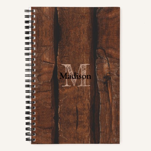 Carnet Monogramme de bois ancien brun foncé rustique (Recto)