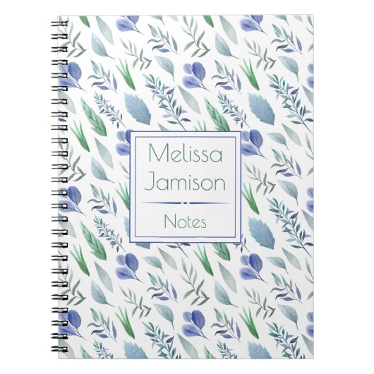 Carnet Monogramme de feuilles bleues et vertes à l'aquare (Devant)