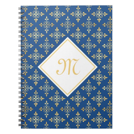 Carnet Monogramme de luxe Blue et Gold Quatre Floral (Devant)