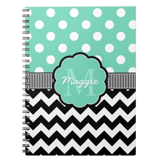 Carnet Monogramme de menthe Pois noire Chevron (Devant)