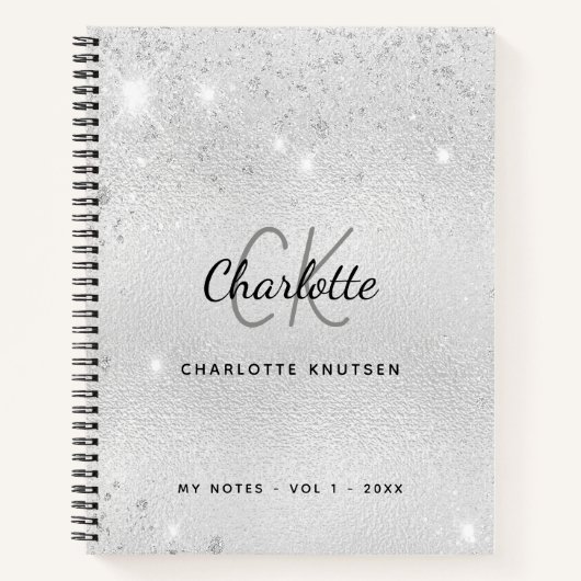 Carnet Monogramme de nom à paillettes argentées (Devant)