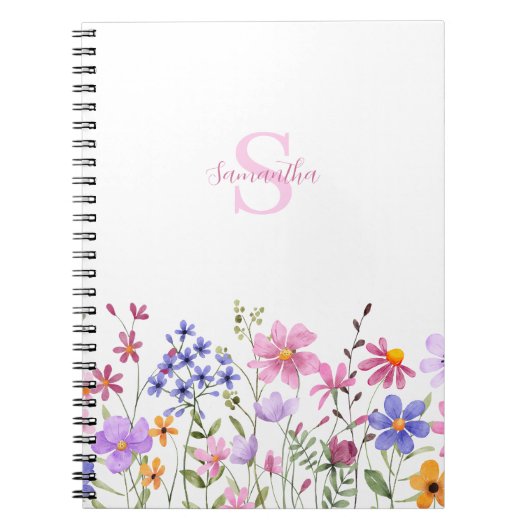 Carnet Monogramme de nom aquarelle de fleur sauvage rose (Devant)