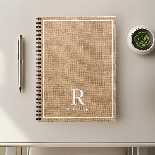 Carnet Monogramme de nom de famille en toile de jute rust