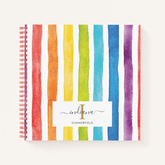 Carnet Monogramme de nom de script en rayures arc-en-ciel (Devant)