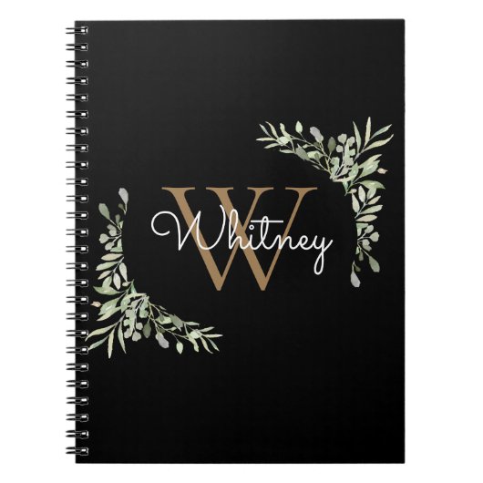 Carnet Monogramme de nom de script moderne en noir et or (Devant)