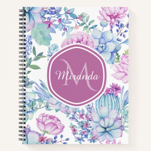 Carnet Monogramme de nom de succulente bleu violet (Devant)