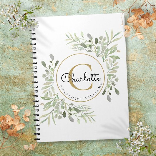 Carnet Monogramme de nom de verdure d'aquarelle élégante