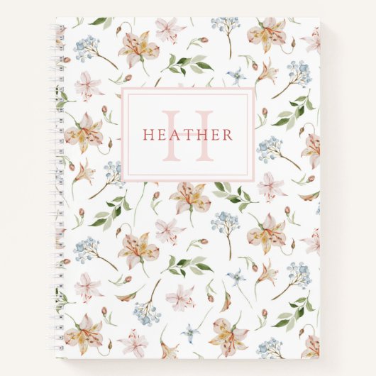 Carnet Monogramme de nom floral aquarelle rose de printem (Devant)