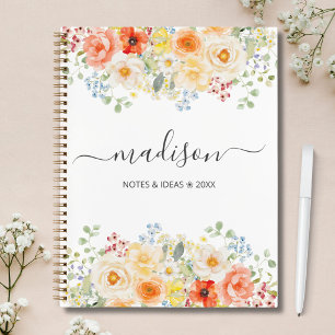 Carnet Monogramme de nom personnalisé aquarelle floral en