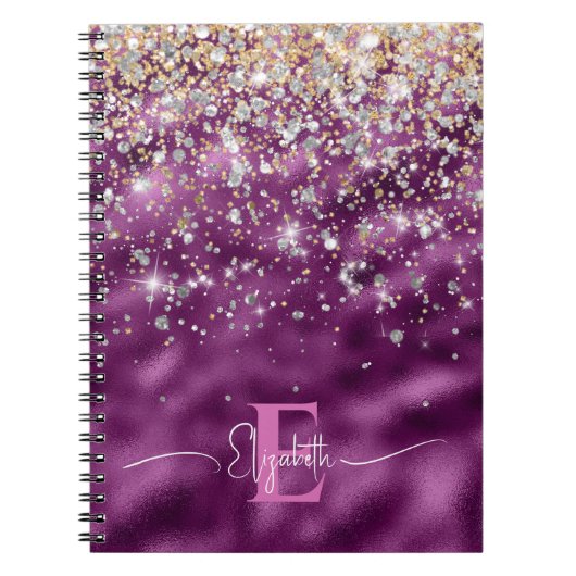 Carnet Monogramme de Parties scintillant moderne Purple F (Devant)