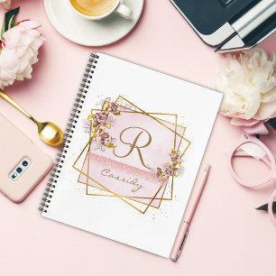 Carnet Monogramme de rose pailleté or rose élégant