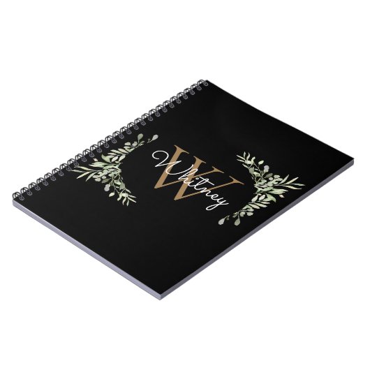 Carnet Monogramme d'or noir vert moderne Nom du script (Côté gauche)