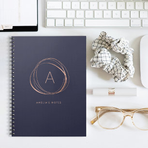 Carnet Monogramme d'or Rose de minuit bleu et Faux