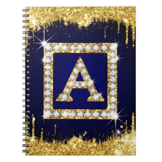 Carnet Monogramme doré initial A avec paillettes bleues (Devant)