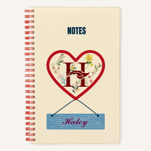 Carnet Monogramme du coeur floral - Nommé avec la lettre  (Recto)