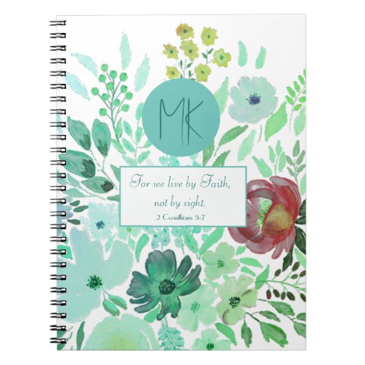 Carnet Monogramme Écriture Aqua Vert Floral Aquarelle (Devant)