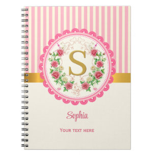 Carnet Monogramme élégant à rayures florales roses Nom pe
