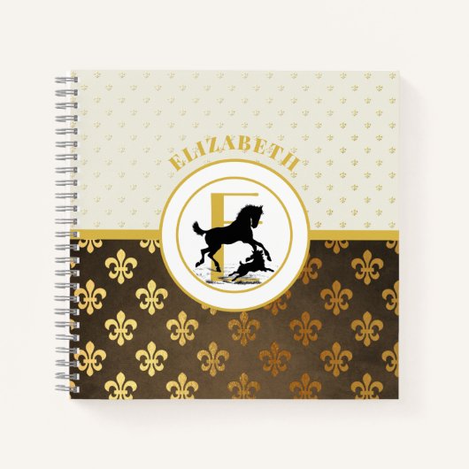 Carnet Monogramme Élégant Cheval Chien Or Bronze Fleurdel (Devant)
