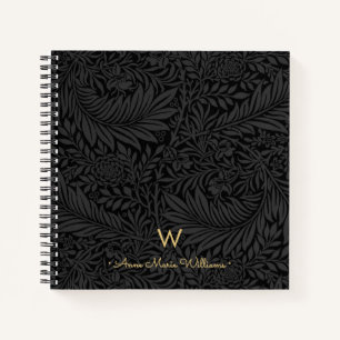 Carnet Monogramme élégant en or Nom Motif floral noir