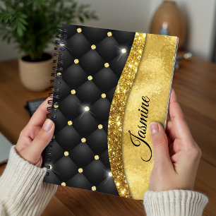 Carnet Monogramme élégant faux diamant noir paillettes or