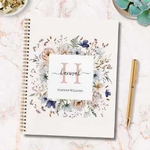 Carnet Monogramme Élégant Jolies Fleurs Beige Bleu Floral