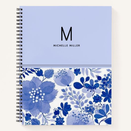 Carnet Monogramme élégant Teintes bleues Fleur florale (Devant)