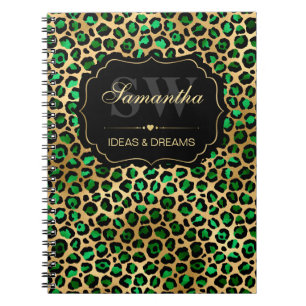 Carnet Monogramme élégant vert et or à pois de léopard