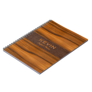 Carnet Monogramme En Bois D'Acajou Et Texture En Cuir