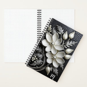 Carnet monogramme en cuir noir avec motif floral en relie