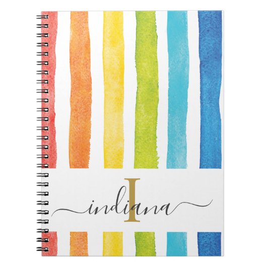 Carnet Monogramme en écriture cursive à rayures arc-en-ci (Devant)