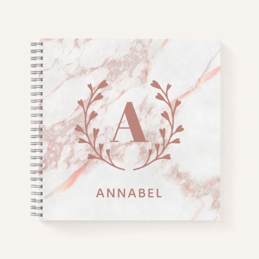 Carnet Monogramme en marbre rose Toute initiale et nom pe (Devant)