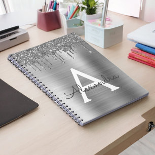 Carnet Monogramme en métal brossé avec paillettes argenté