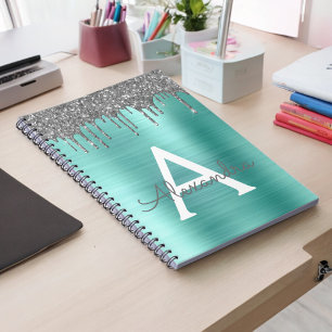 Carnet Monogramme en métal brossé pailleté sarcelle argen