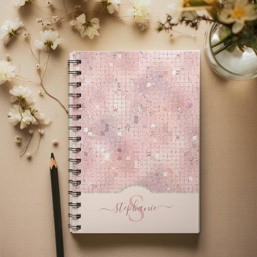 Carnet Monogramme en mosaïque de boule de disco rose