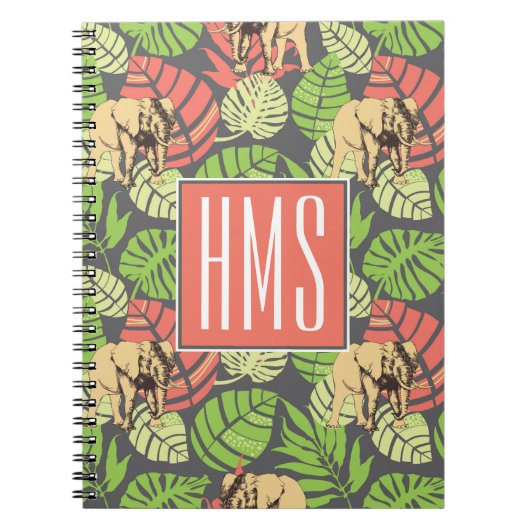 Carnet Monogramme exotique de feuille et d'éléphants | de (Devant)