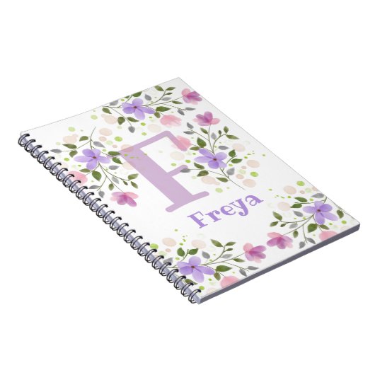 Carnet Monogramme F & Nom Freya avec Fleurs (Côté Droit)
