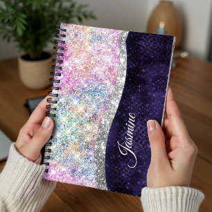 Carnet monogramme faux pailleté argent violet iridescent