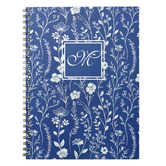 Carnet Monogramme Fleur sauvage bleu et blanc (Devant)