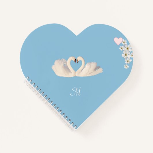 Carnet Monogramme Fleurs Blanches et Cygnes sur Fond Bleu (Devant)