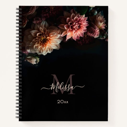 Carnet Monogramme Fleurs Blush Sombres Noir (Devant)