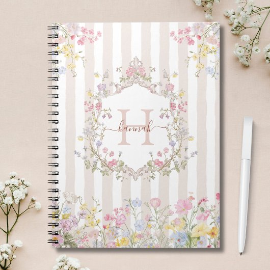 Carnet Monogramme Fleurs Colorées Art Rococo Rayures