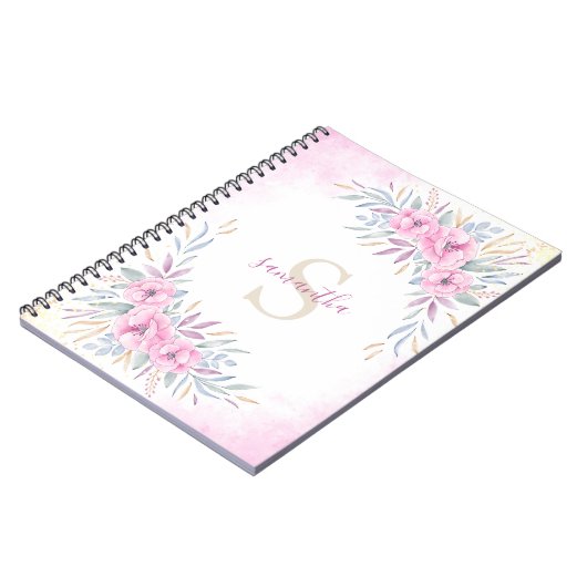 Carnet Monogramme Fleurs rose pâle Aquarelle Élégante (Côté gauche)