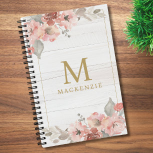 Carnet Monogramme Floral Aquarelle Rose Bois Rustique
