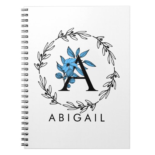 Carnet Monogramme Floral Bleu - Lettre A (Devant)
