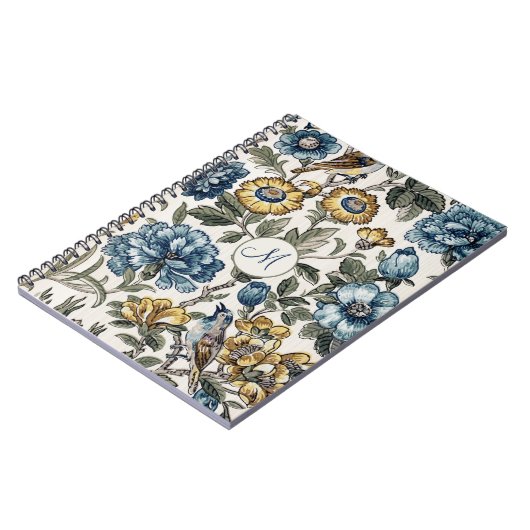 Carnet Monogramme Floral Boho Exotique Bleu & Or (Côté gauche)