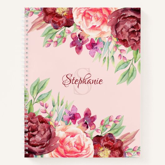 Carnet Monogramme floral Bourgogne Blush Nom personnalisé (Devant)