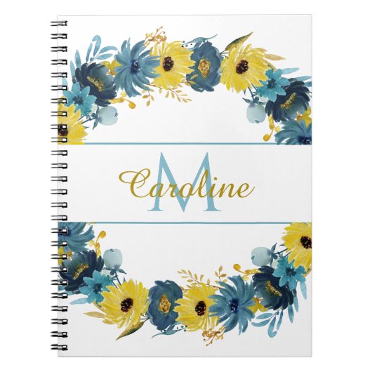 Carnet Monogramme Floral d'automne d'or bleu (Devant)