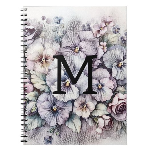 Carnet Monogramme floral dessin rose pansies fleurs (Devant)