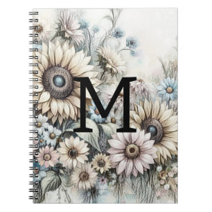 Carnet Monogramme floral dessin tournesol rose jaune