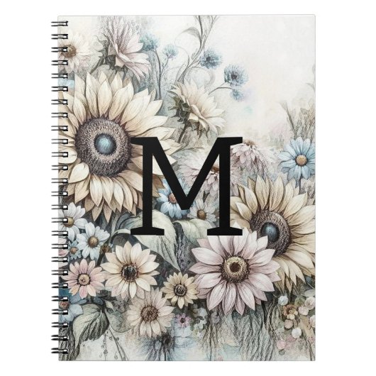 Carnet Monogramme floral dessin tournesol rose jaune (Devant)
